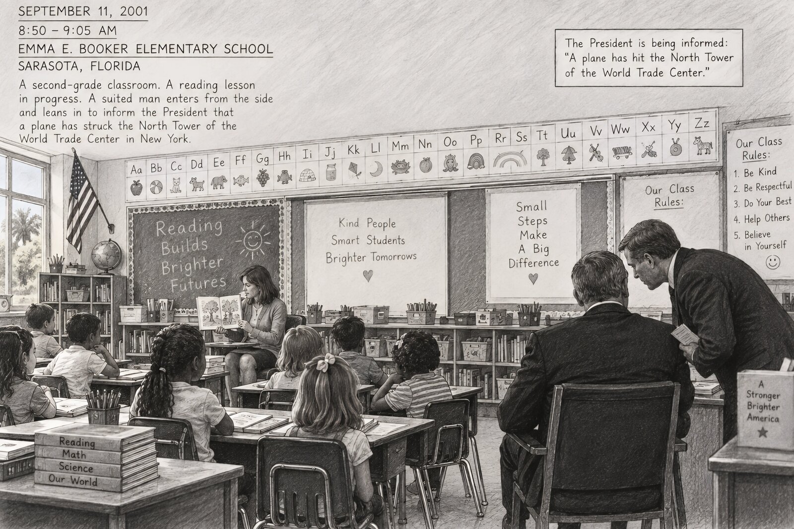 Dramatized recreation of the Sarasota classroom where President Bush was informed of the attacks