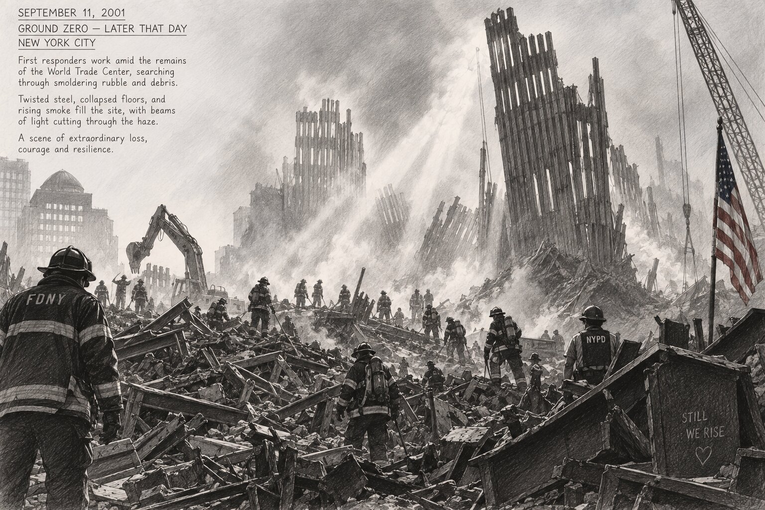 Dramatized recreation of first responders working at Ground Zero