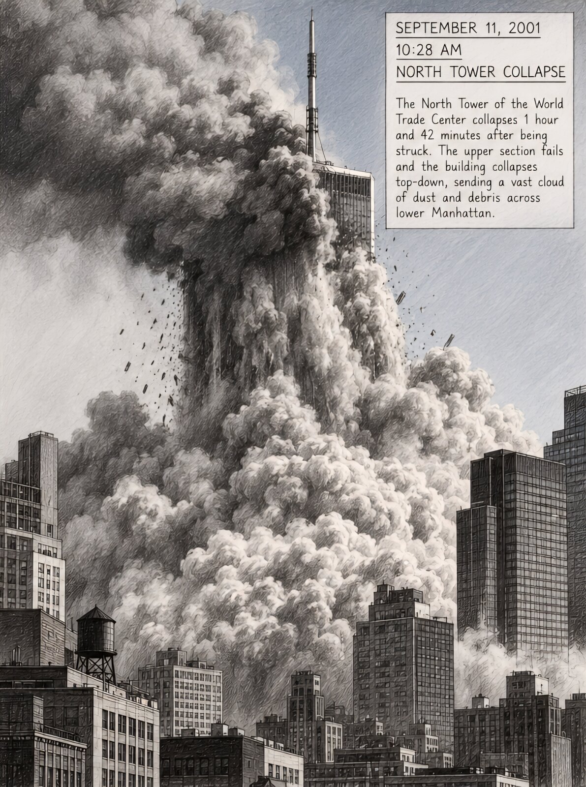 Dramatized recreation of the North Tower's collapse