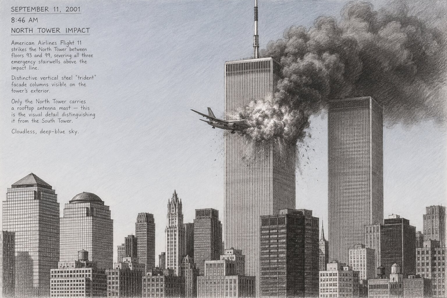 Dramatized recreation of Flight 11 striking the World Trade Center's North Tower