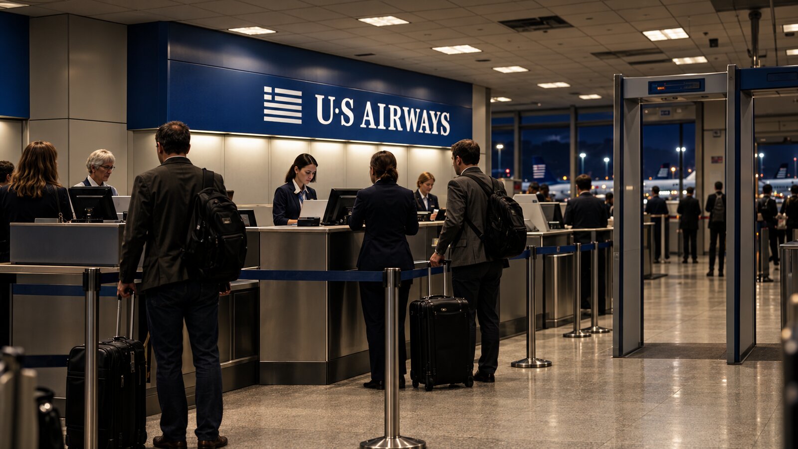 Dramatized recreation of an airport security checkpoint, early morning, September 11 2001