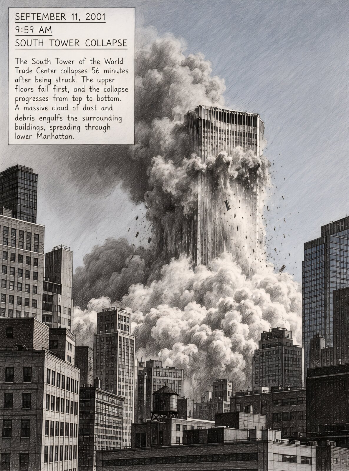 Dramatized recreation of the South Tower's collapse