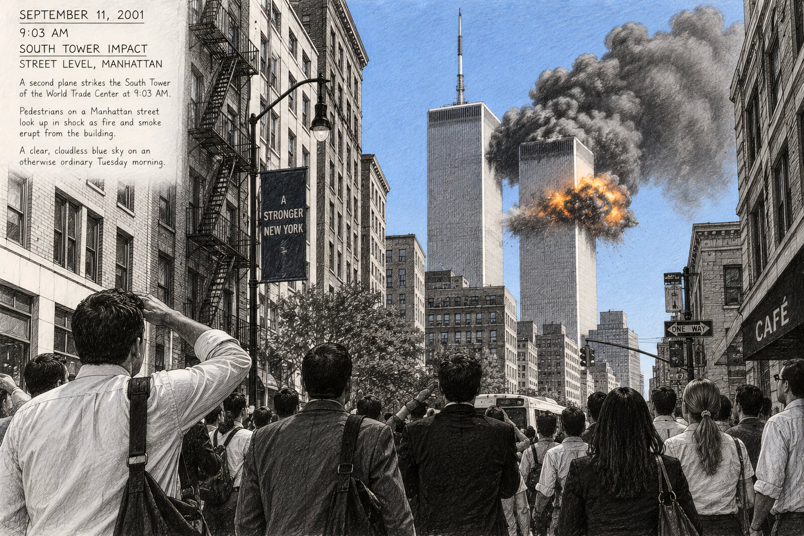 Dramatized recreation of pedestrians watching the South Tower impact from a Manhattan street