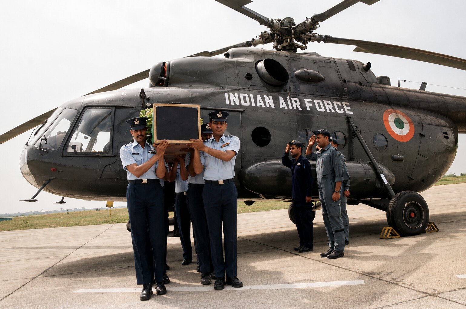 Squadron Leader Ajay Ahuja's casket carried before an Indian Air Force helicopter