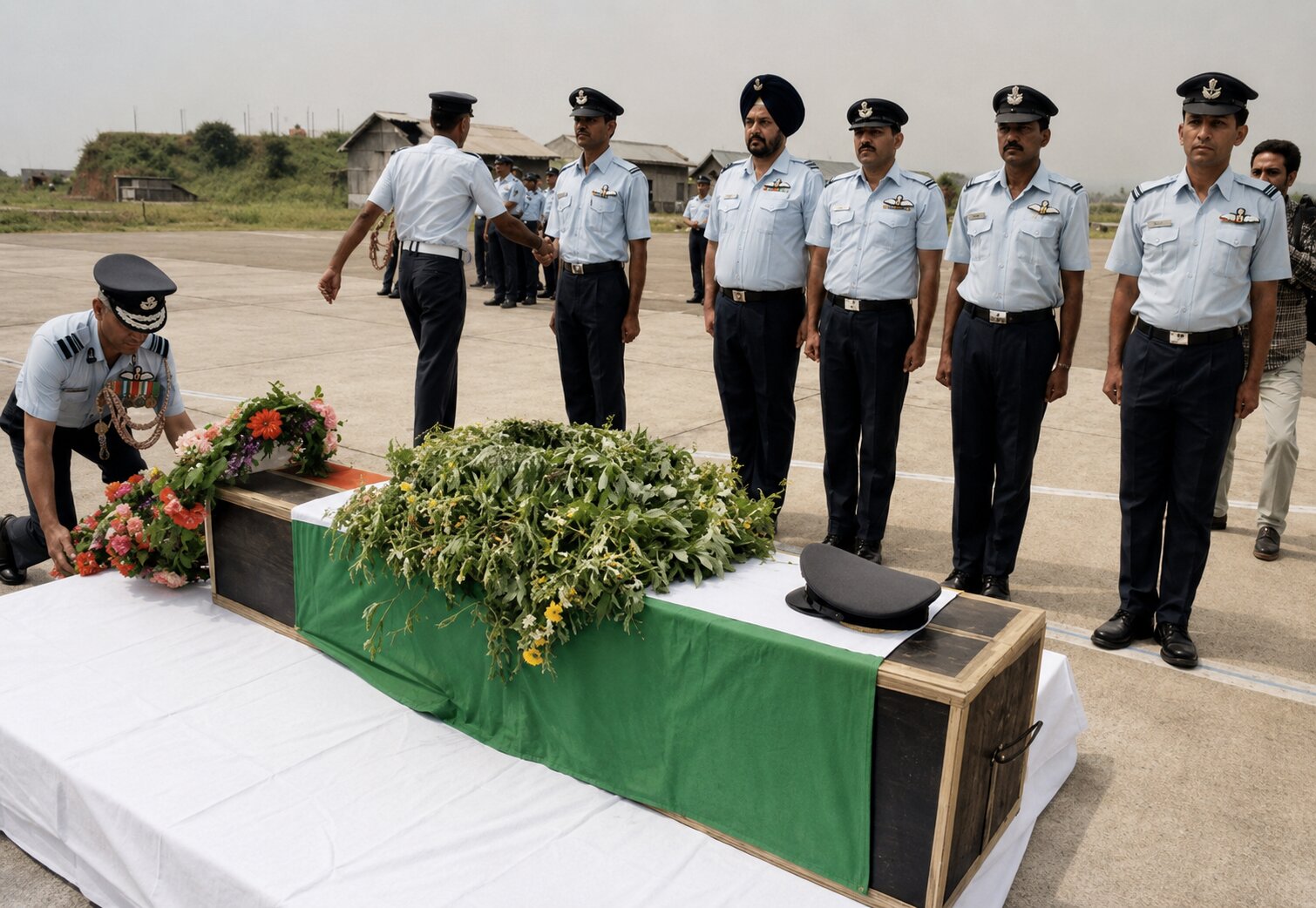 Ceremonial repatriation of Squadron Leader Ajay Ahuja's body, IAF officers laying wreaths