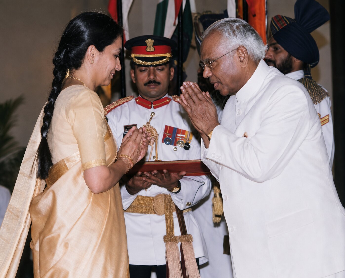 Ajay Ahuja's widow receiving the Vir Chakra on his behalf