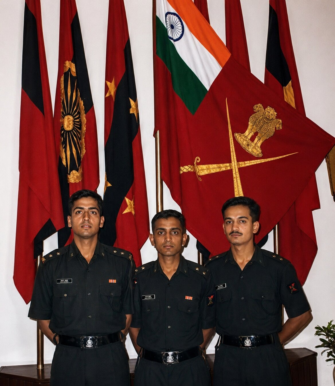 Captain Amit Bhardwaj with fellow officers in front of regimental flags